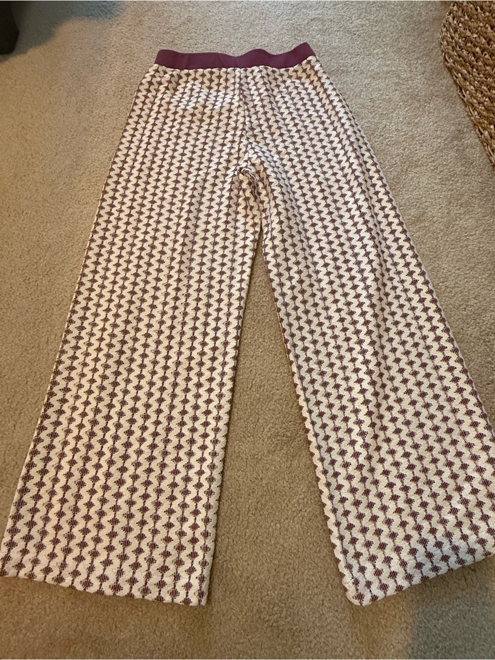 Loft Beach Wide Leg Knit Pants in Cream & Maroon